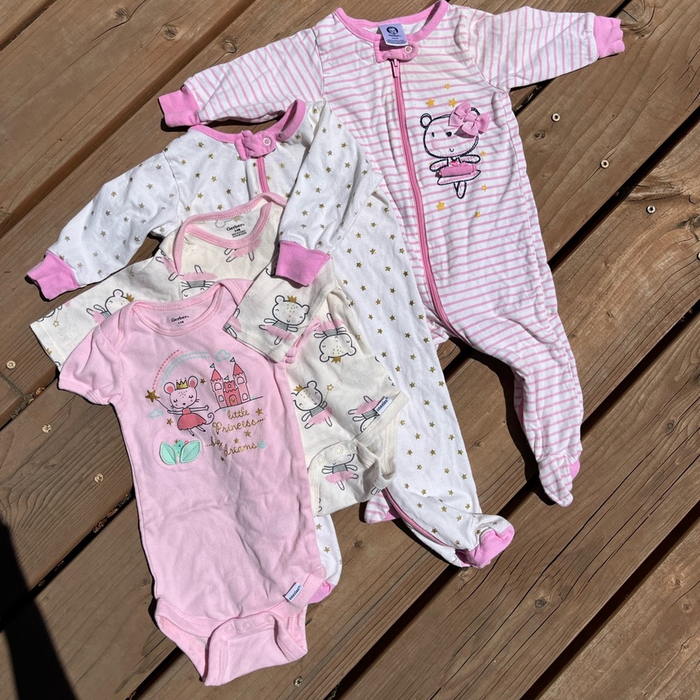 4pc set of various pink ballerina themed onesies and sleepers size 3-6mo